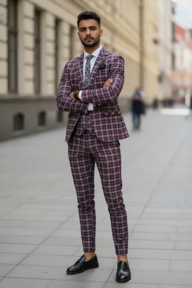 Costum barbati slim fit grena in carouri B7916 10-4